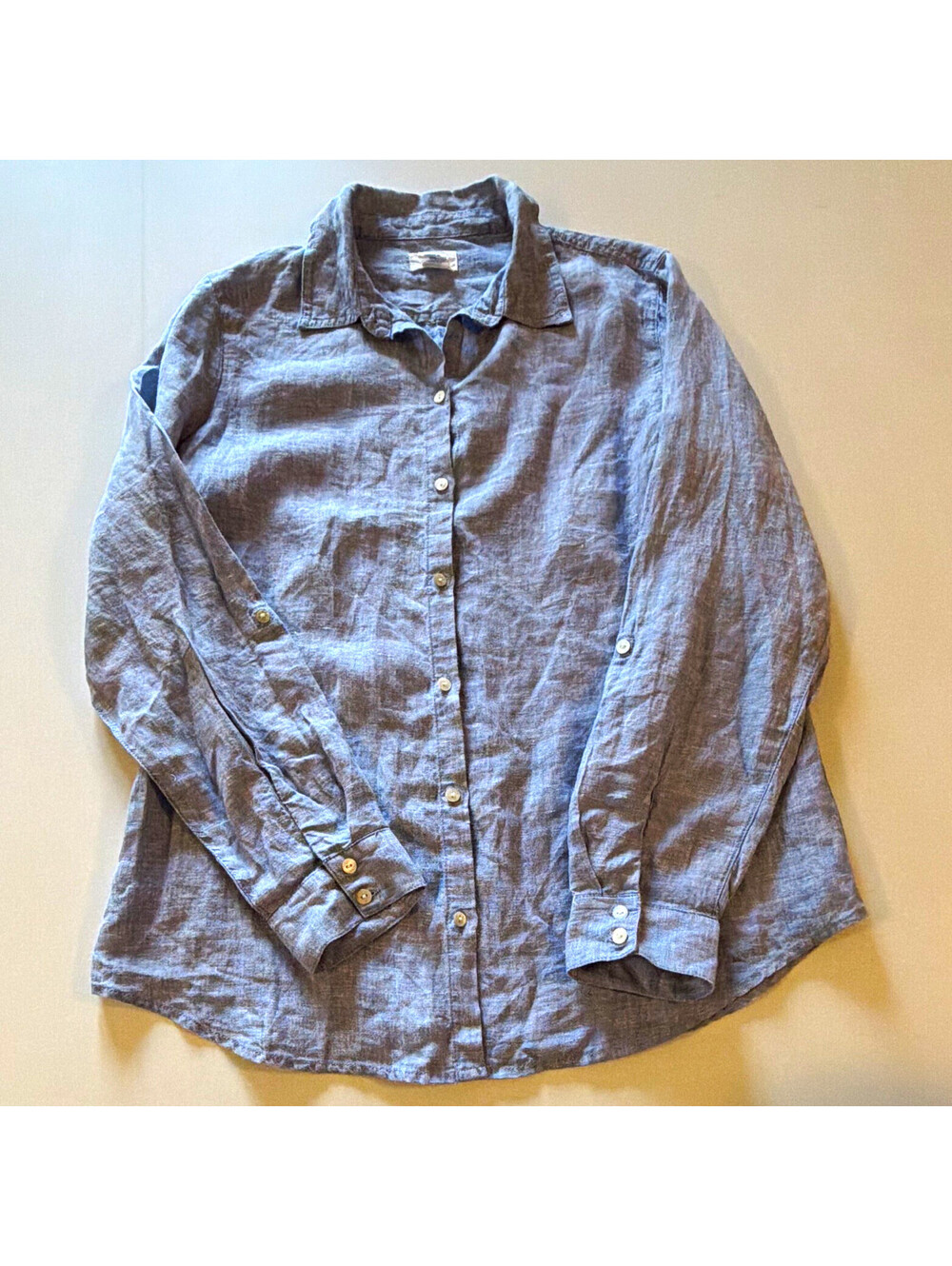 Sigrid Olsen Women’s M Blue Solid Linen Woven Button-Up Long Sleeve Collared